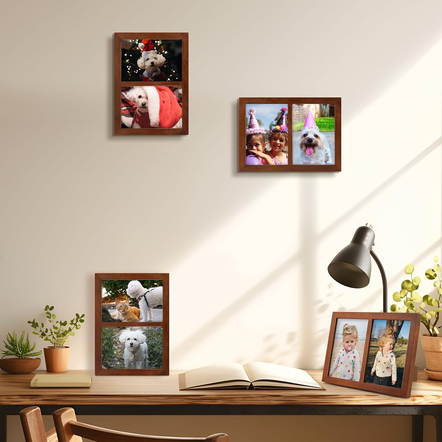 Golden State Art, 5x7 Double Picture Frame, Displays Two 5x7 Photos(Brown) | Solid Wood - Real Glass For Tabletop Or