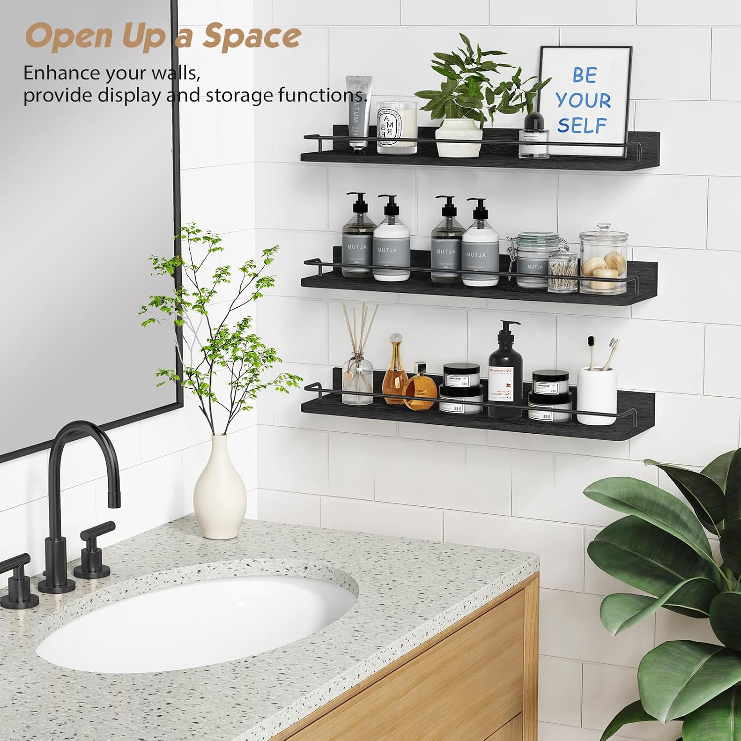 Forbena 24 Inch Wall Shelves for Bedroom 3-Pack, Black Floating Shelves with Rail, Vintage Large Floating Book Shelves