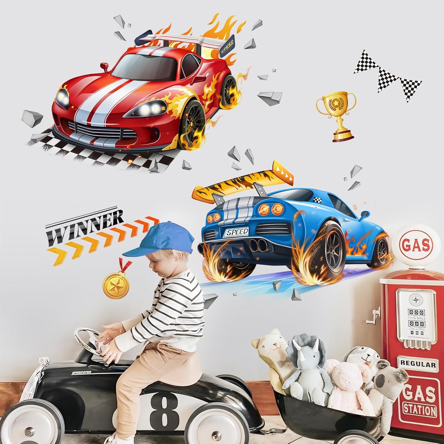 3D Racing Car Wall Decals Blue Flame Trophies Wall Stickers Peel and Stick Wall / Sports Car / Red