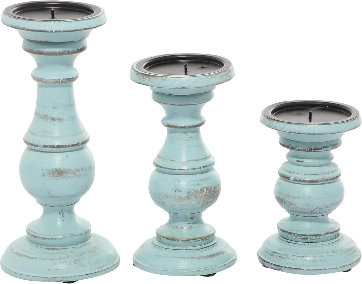 Deco 79 Mango Wood Decorative Candle Holder Distressed Turned Pillar Candle Stand, Set of 3 Candlestick Holder 6", 8"
