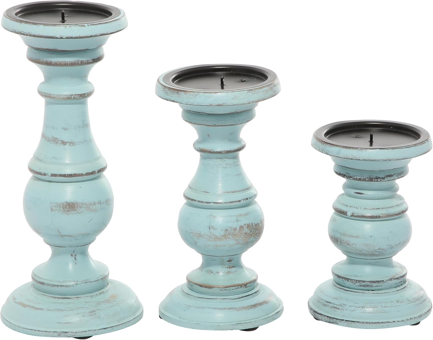 Deco 79 Mango Wood Decorative Candle Holder Distressed Turned Pillar Candle Stand, Set of 3 Candlestick Holder 6", 8"