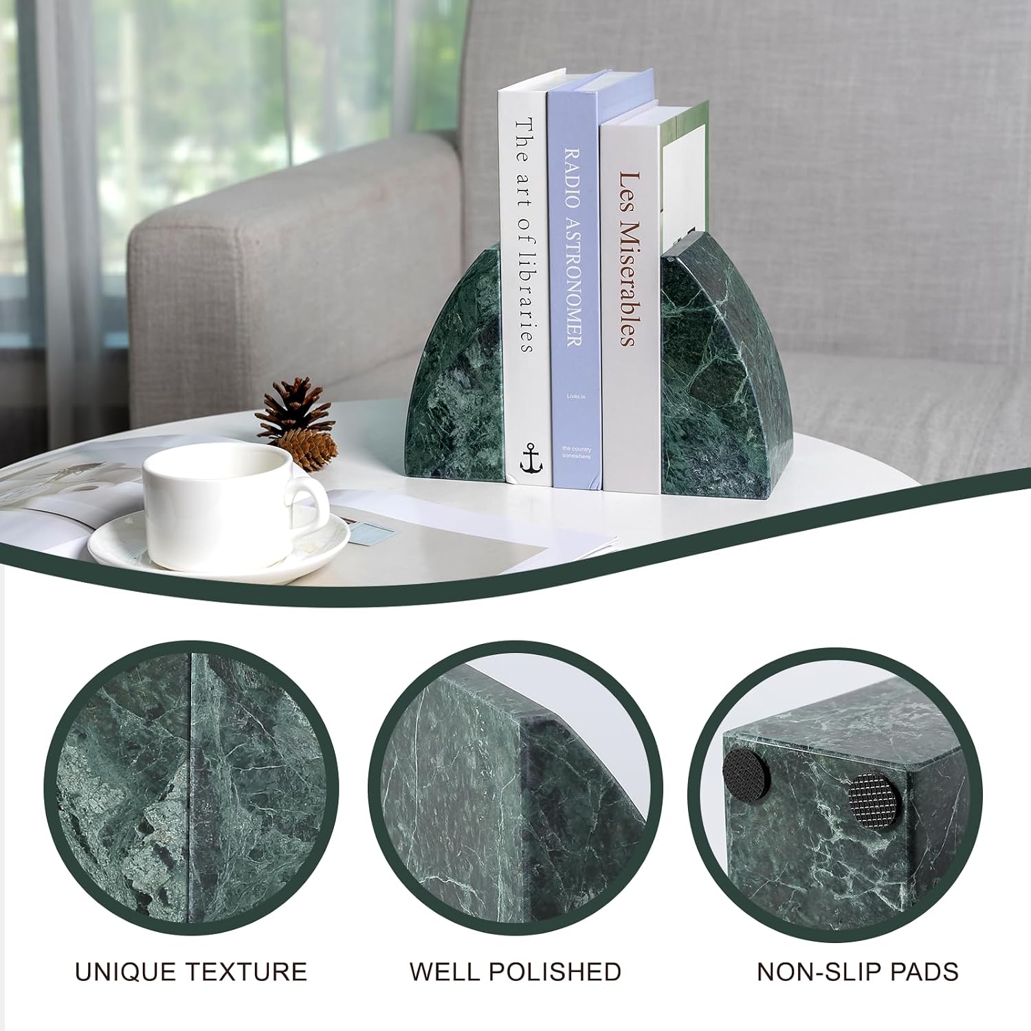 Marble Bookends / Non-Slip Heavy Duty Book Stopper / Sail-green