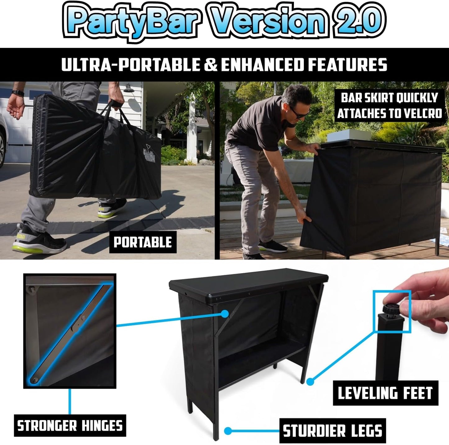 PartyLife NEW & Improved Portable Bar Table w/LED Lights, Folding Steel Legs, 2 Bar Skirts, Supportive Storage Shelf &