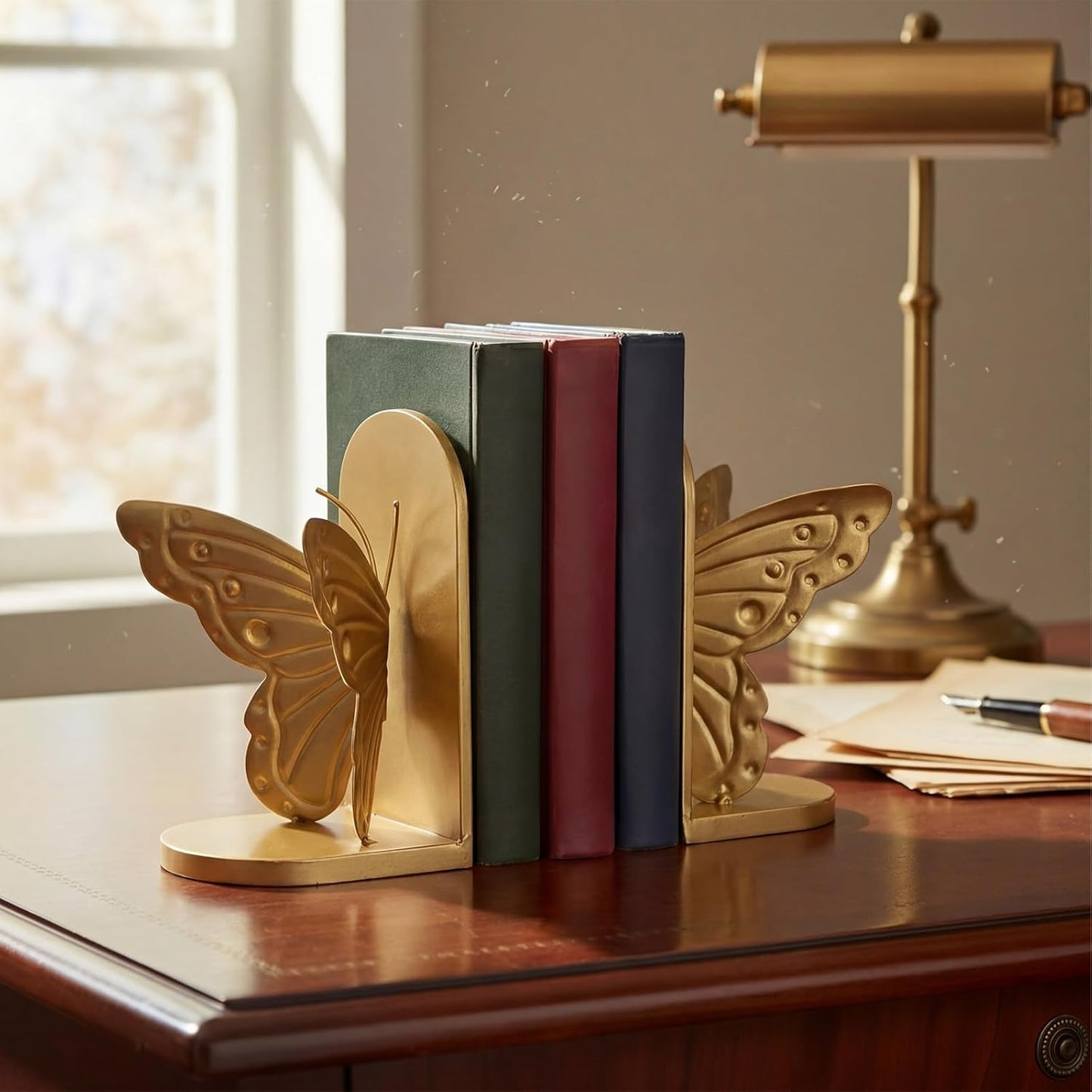 Vintage Butterfly Bookends Metal Butterflies on Stands / Gold / Set of 2