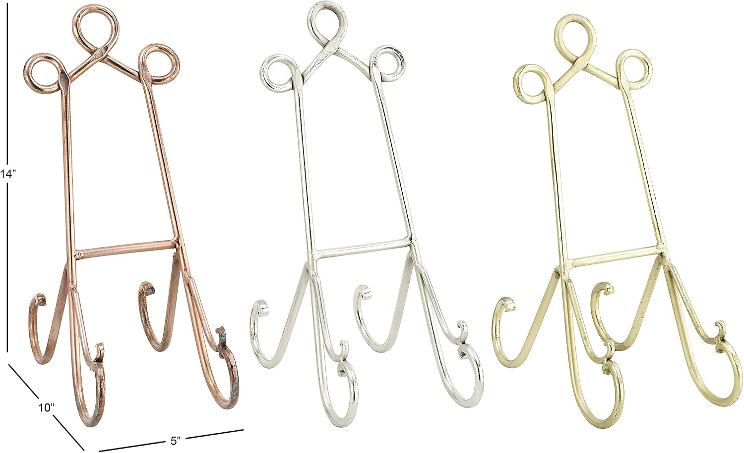 Deco 79 Metal Display Easel Scroll Tabletop Easel, set of 3 Display Stand 5" x 10" x 14", Multi Colored