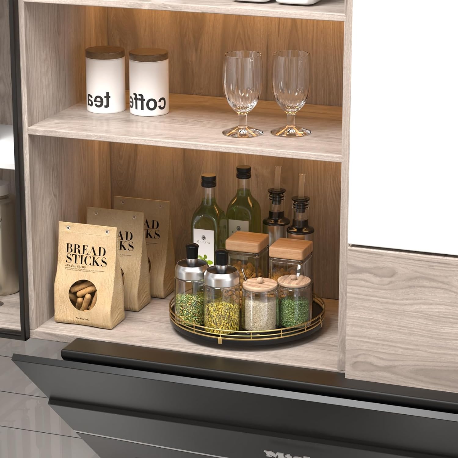 12" Oak Wood Lazy Susan Organizer / Gold Black / Set of 12