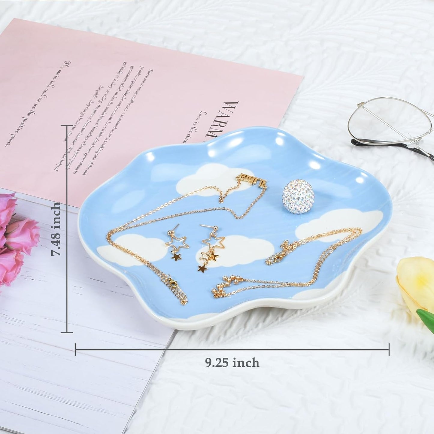 Ceramic Jewelry Dish Trinket Tray Organizer / Blue Sky and White Clouds