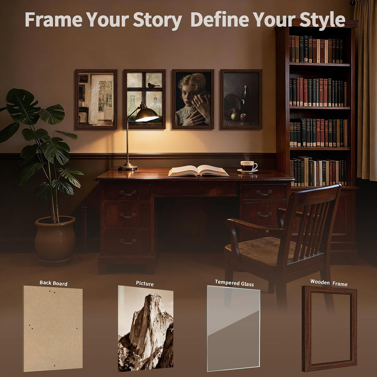 12x18 Poster Frame 4 Pack, Brown Solid Wood, Gallery Wall Hanging | Thick & Wide Border, HD Tempered Glass, Vertical or