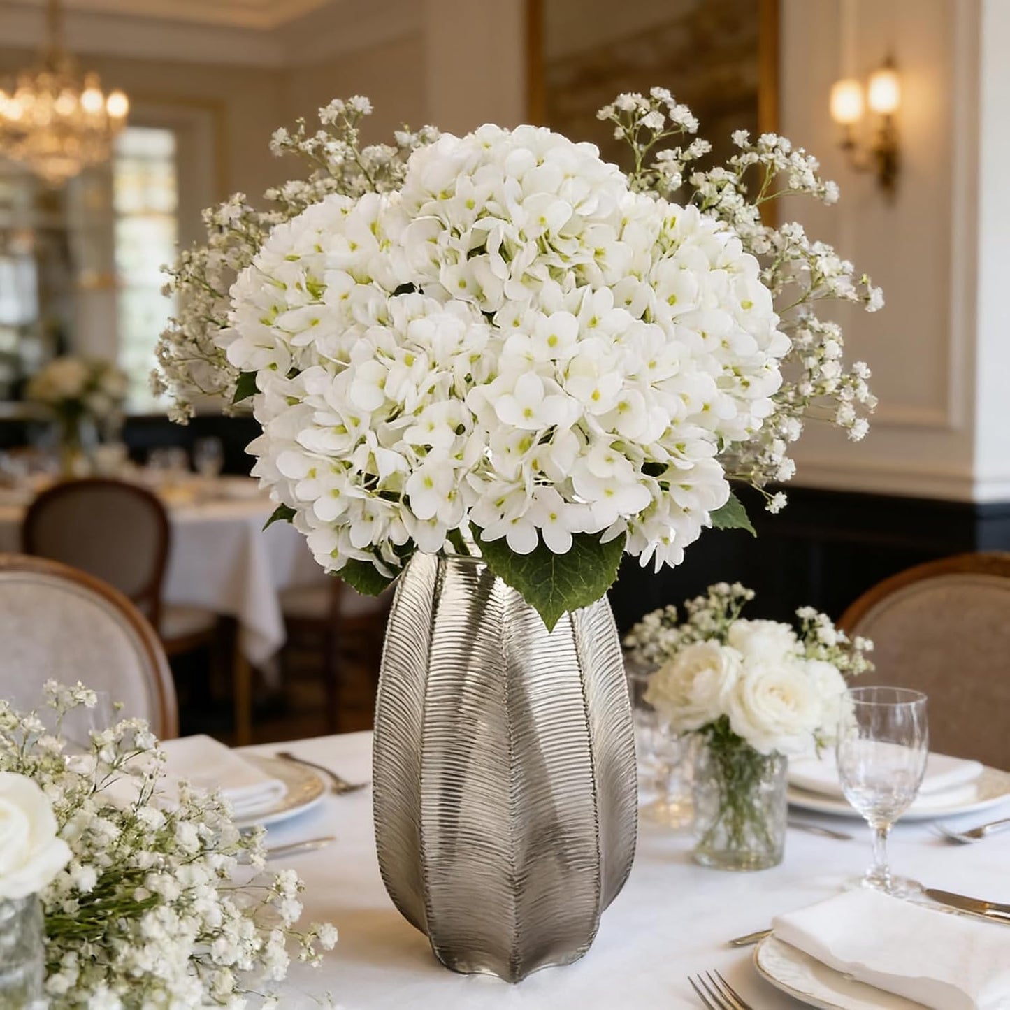 Kimura‘s Cabin Hydrangea Artificial Flowers Real Touch Latex Fake Hydrangeas / White / Set of 5