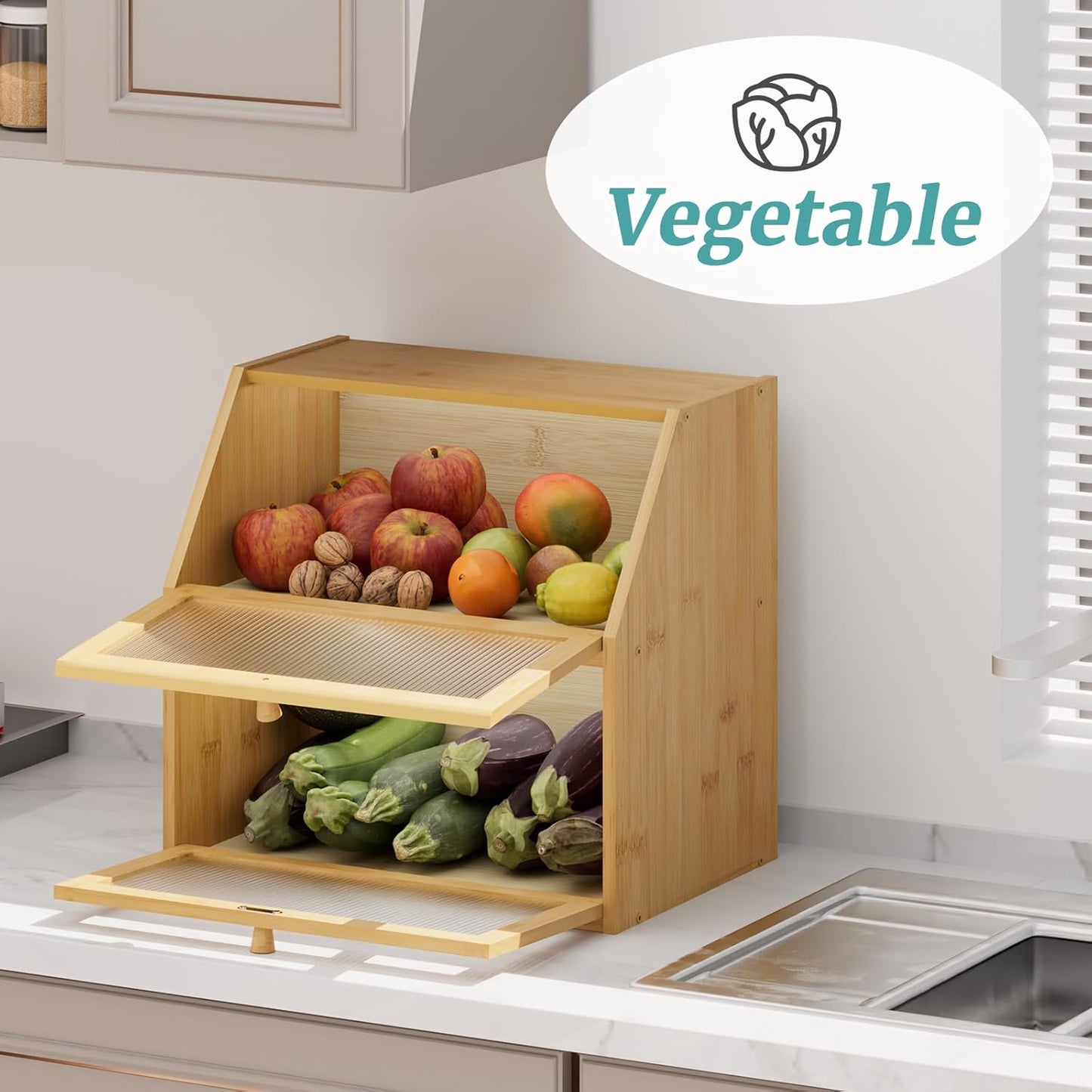 Extra Large Bread Box for Kitchen Counter, Bamboo Wood Double Layer Bread Box for Kitchen Counter, Wooden Capacity