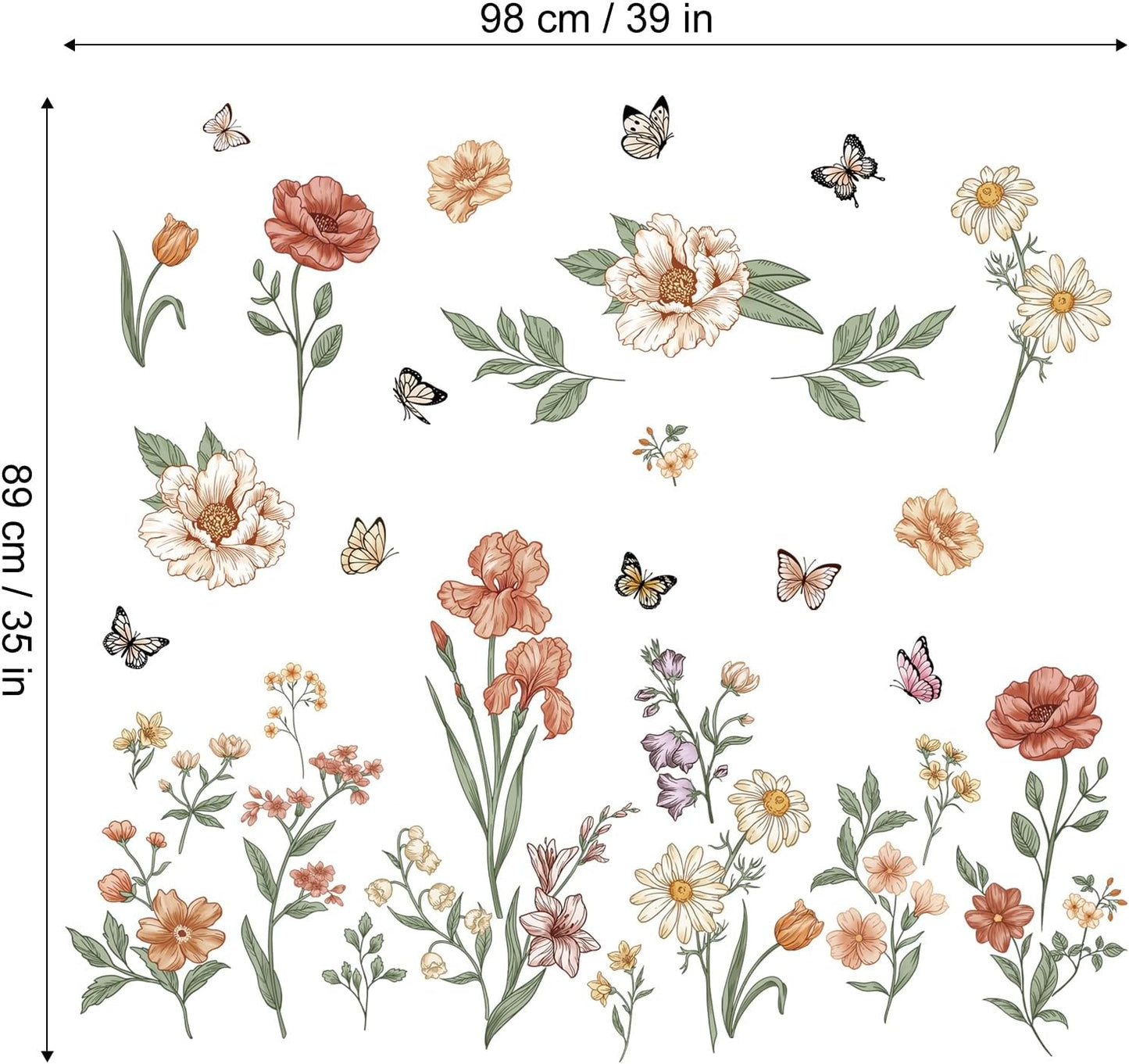 Watercolor Boho Flowers Wall Decals Wildflower Butterfly Garden Wall / Watercolor Boho Flower