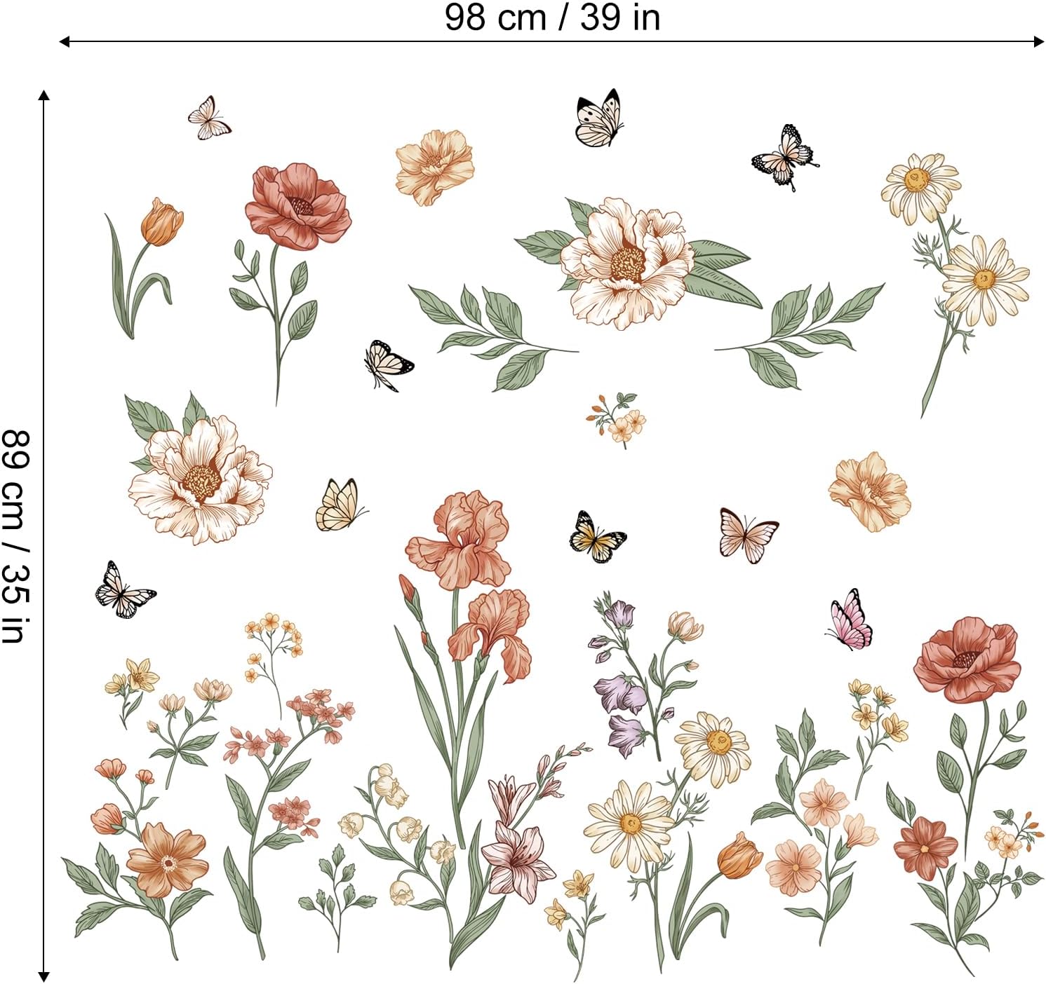 Watercolor Boho Flowers Wall Decals Wildflower Butterfly Garden Wall / Watercolor Boho Flower