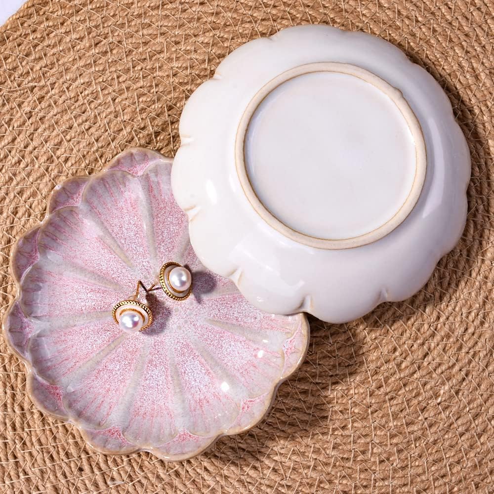 Ceramic Ring Dish Holder Jewelry Tray Trinket Dish Vintage Lotus Shaped / White and Pink / Set of 2