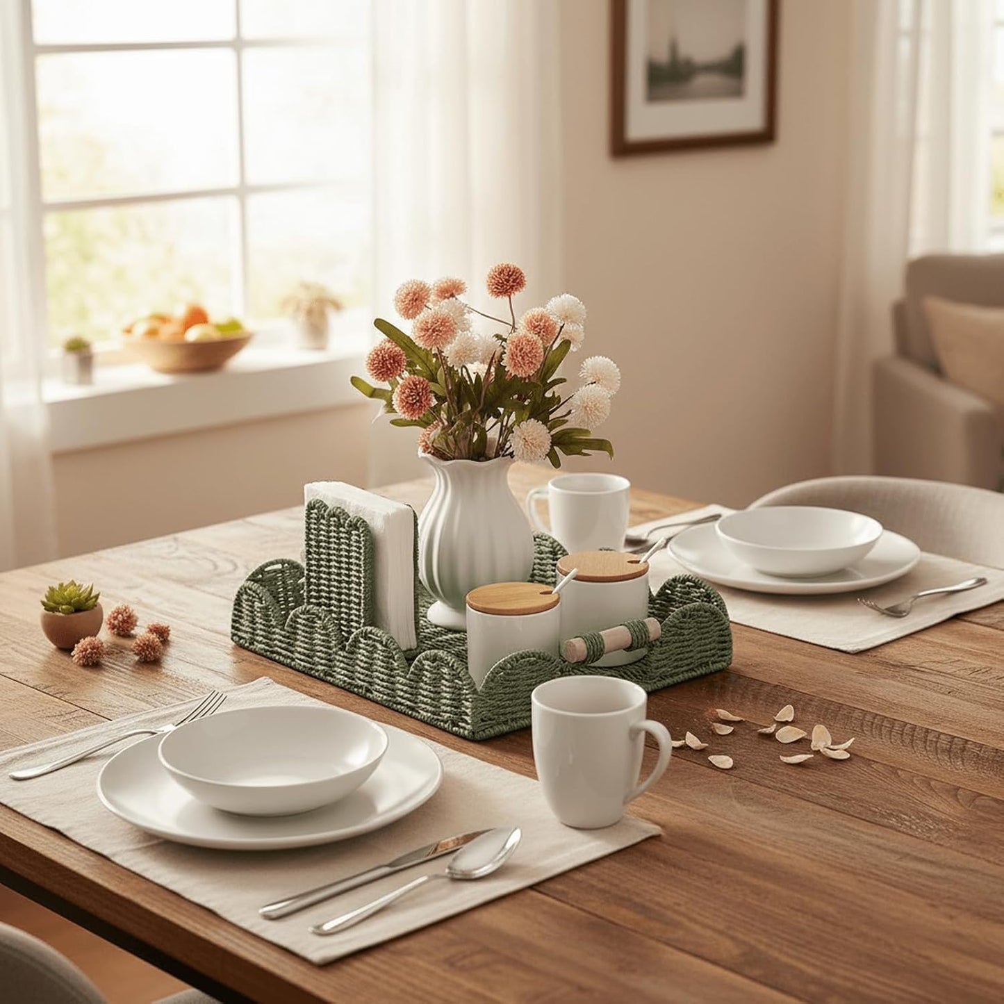 Rectangular Scalloped Decorative Centerpiece Tray / Green / 15.7 x 11.4 x 2.8