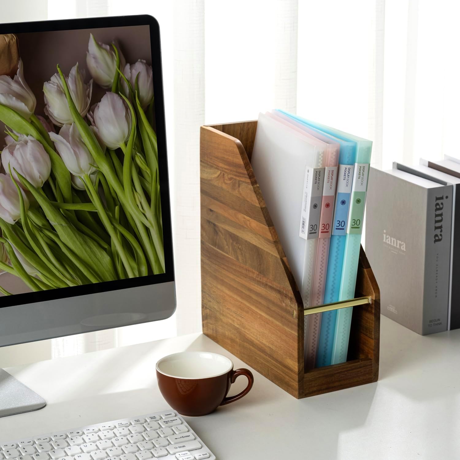 MyGift Premium Hotel Series Solid Acacia Wood Desktop Magazine File Holder Bin with Brass Tone Metal Accent, Vertical