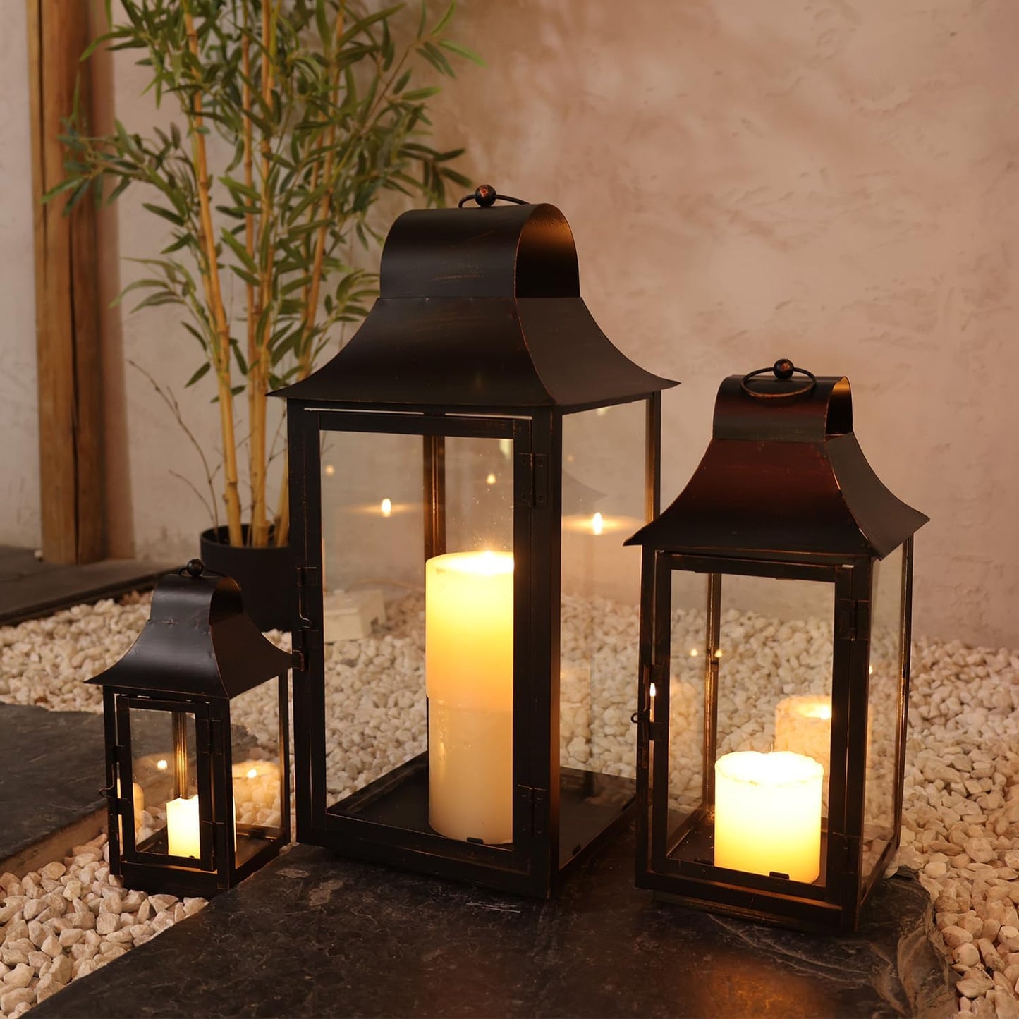 Lanterns Decorative Indoor & Outdoor, 22'' 16'' 11'' Large Candle Lanterns Decorative for Front Porch, Metal Frame