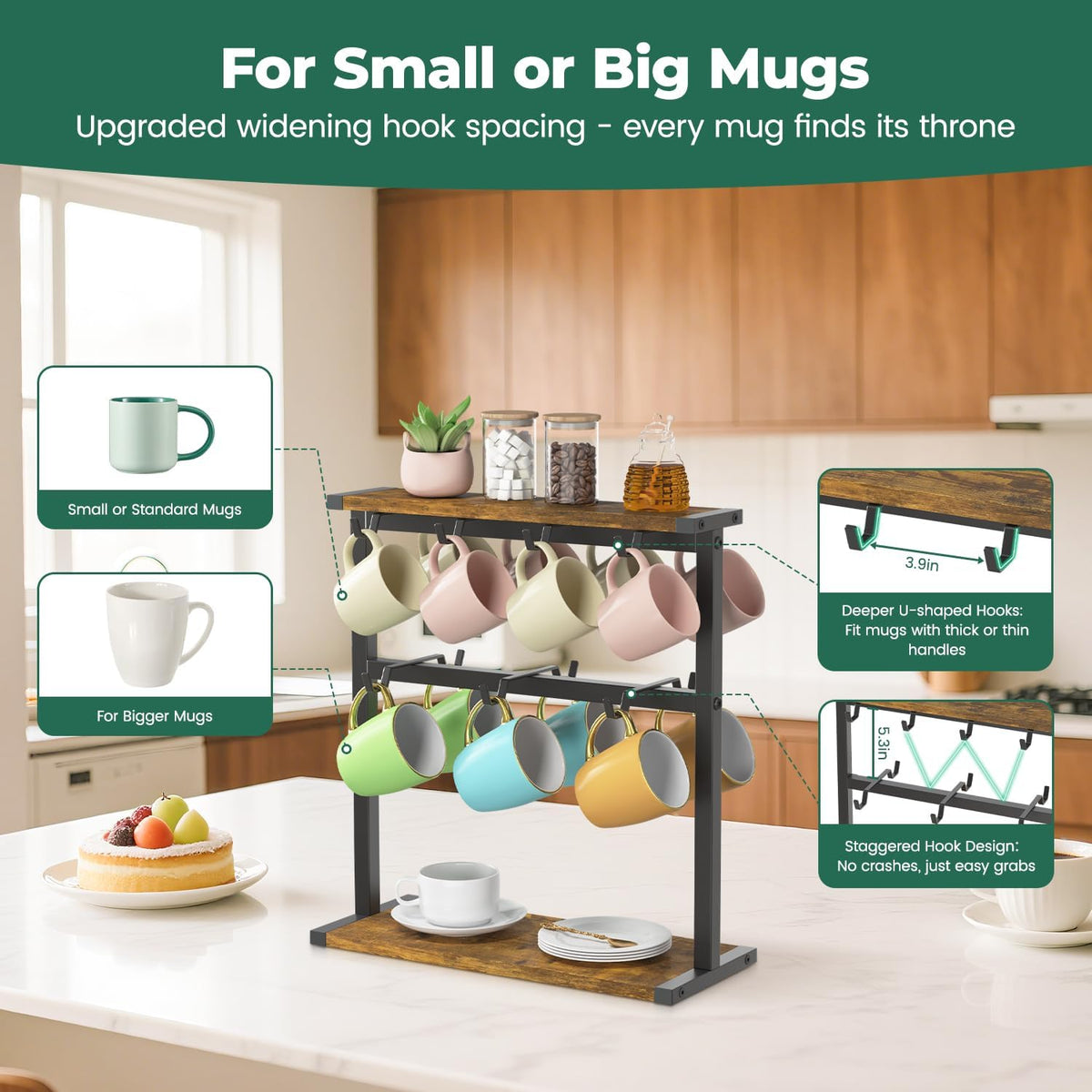 EsLuker.ly Coffee Mug Holder Cup Tree Rack for Coffee Bar Countertop | 2 Tier Wood Station Organizer Narrow Display