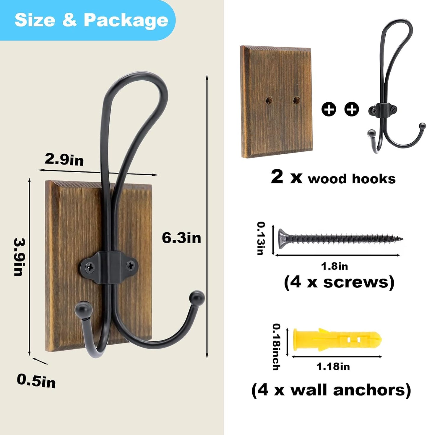 Farmhouse Towel Hooks / Double Hook - Weathered Brown / Set of 2