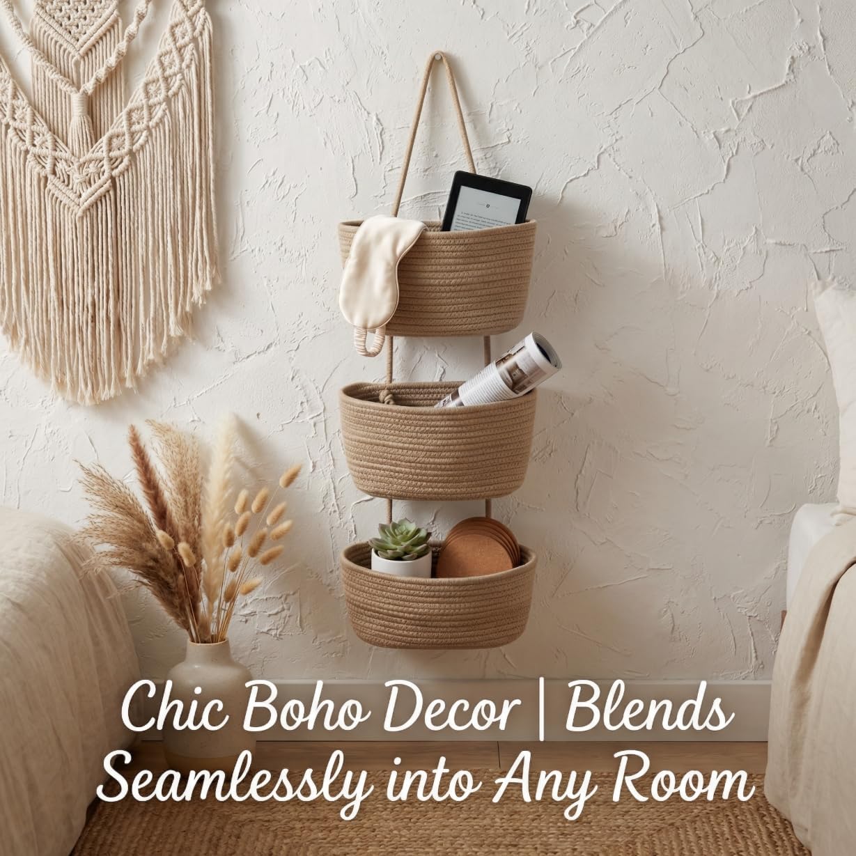 Hooks / Hanging Wall Basket / Jute