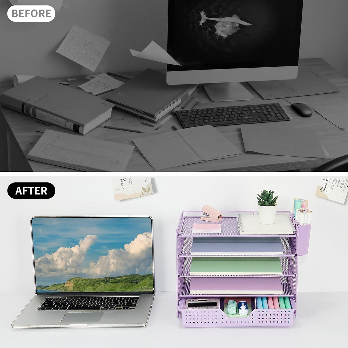 LEKETREE Desk Organizers and Accessories, 5-Tier Paper Letter Tray Organizer with Drawer & 2 Pen Holders, Desktop