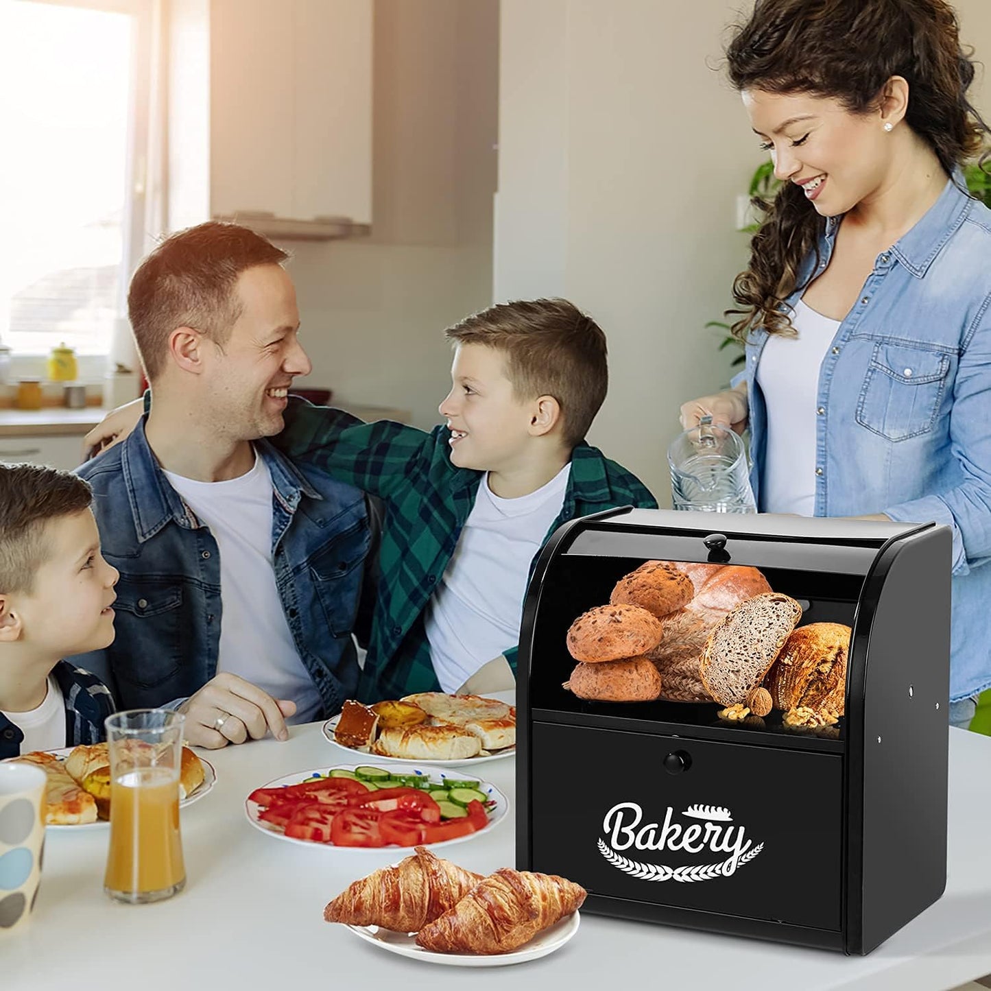 Stainless Steel Bread Box, 2 Layer Roll Top Bread Boxes, Large Capacity Food Storage Container for Kitchen Counter