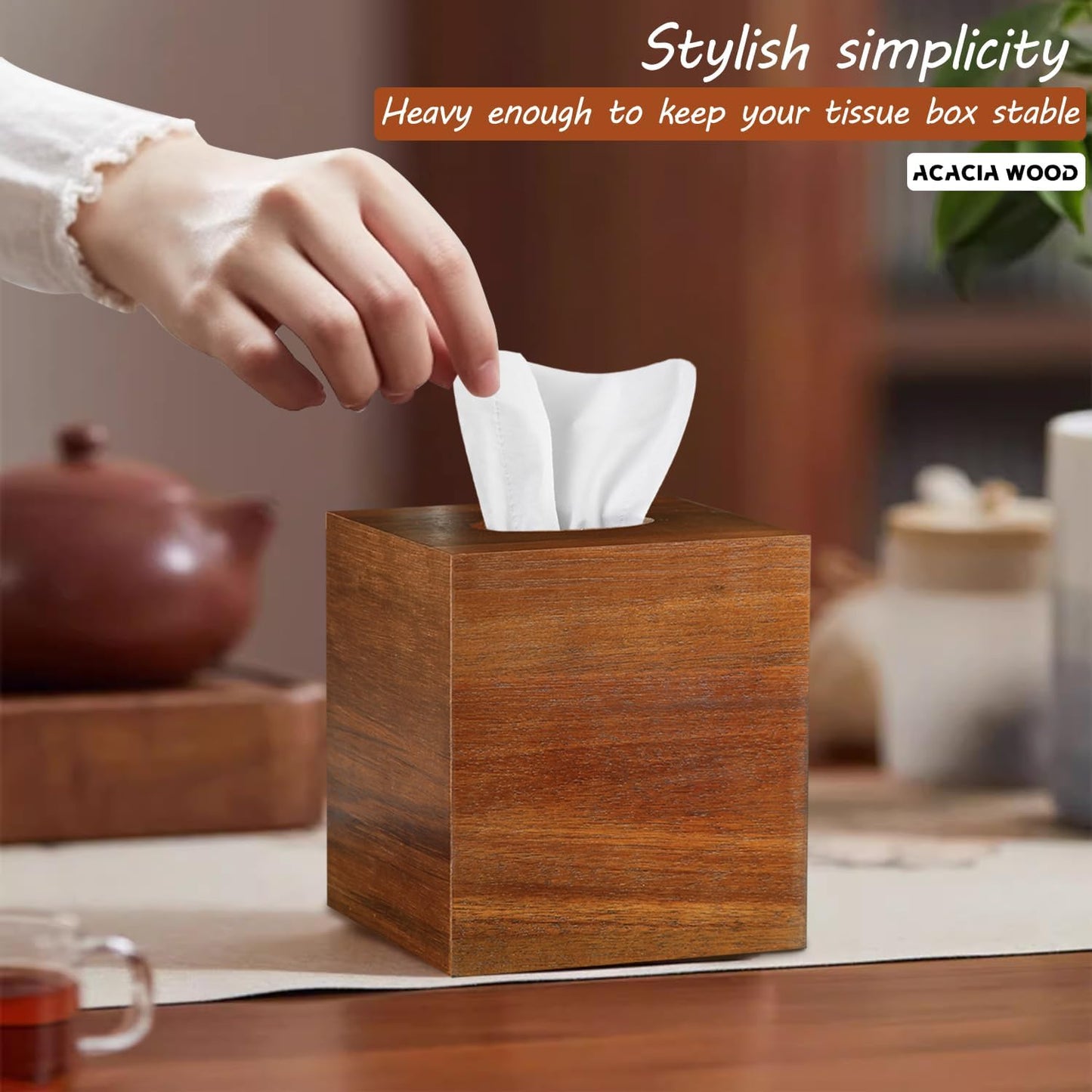 Acacia Wood Tissue Box Holder for Desktop Nightstand Bathroom Office / Brown
