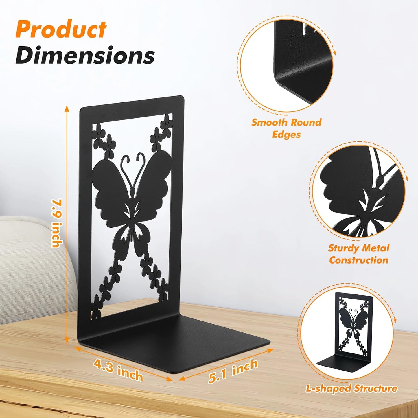 Large Heavy Duty Metal Bookends / Butterfly Style / Set of 2