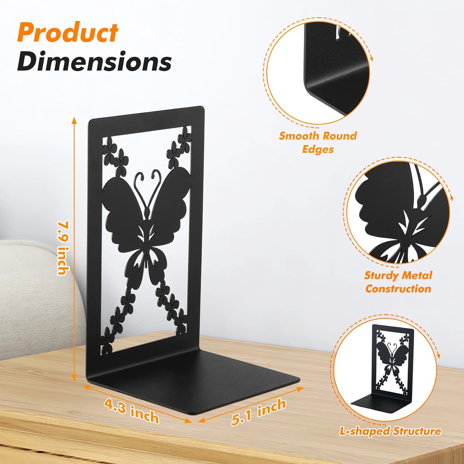 Large Heavy Duty Metal Bookends / Butterfly Style / Set of 2