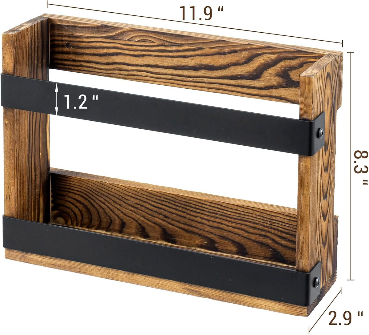 MyGift Set of 2 Rustic Burnt Wood and Matte Black Metal Wall-Mount Magazine Racks – Industrial Style Display Holders