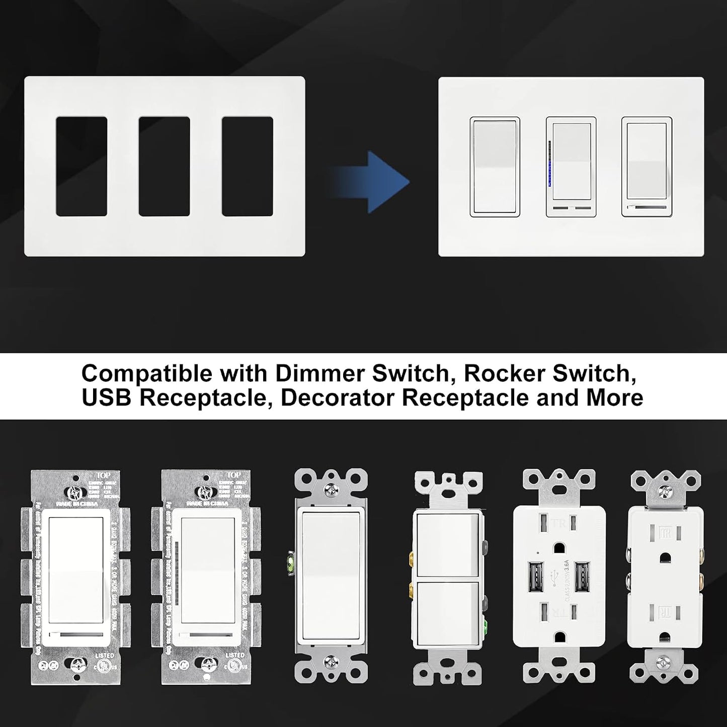BESTTEN [4 Pack] 3 Gang Screwless Decorative Outlet Cover, Mid-Size Wall Plate, H4.88" x W6.74", Faceplate Cover for