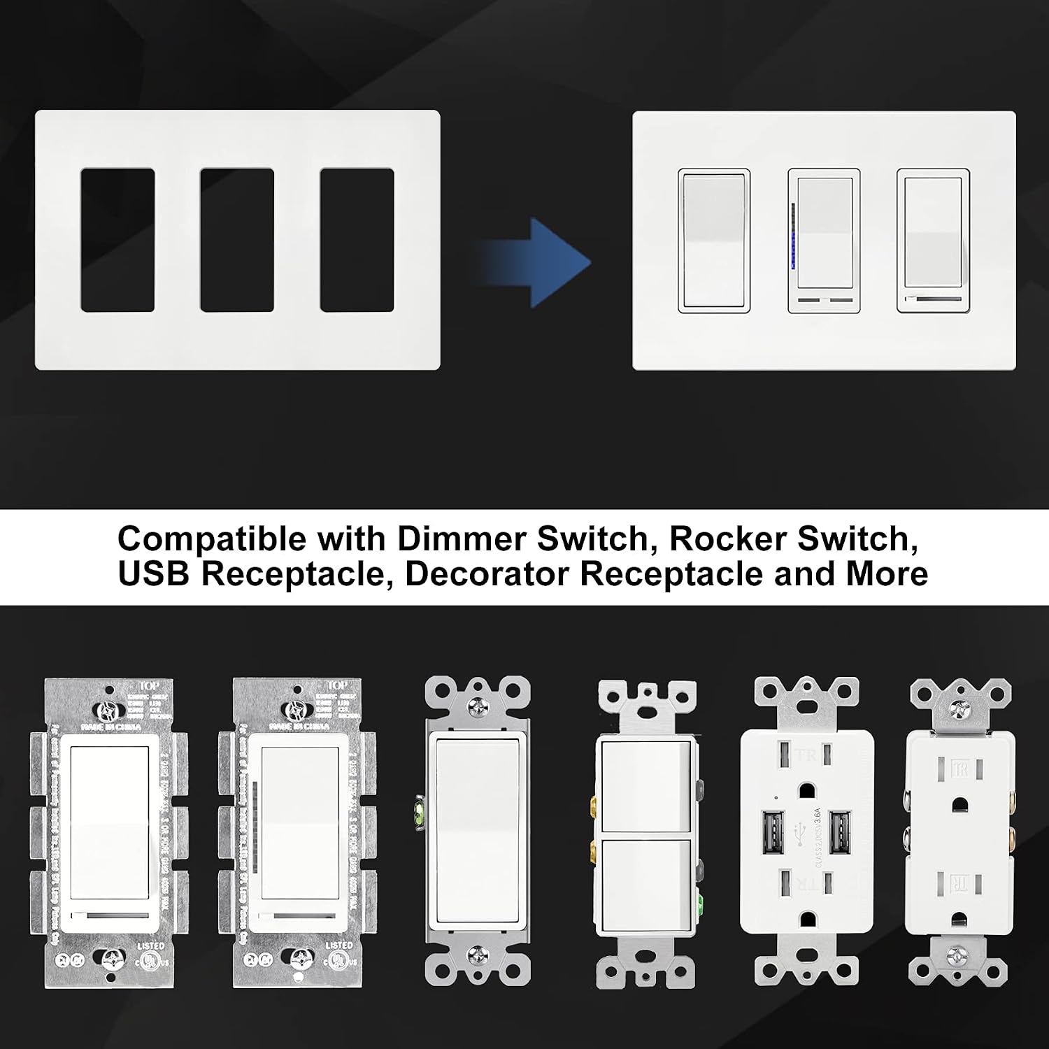 BESTTEN [4 Pack] 3 Gang Screwless Decorative Outlet Cover, Mid-Size Wall Plate, H4.88" x W6.74", Faceplate Cover for