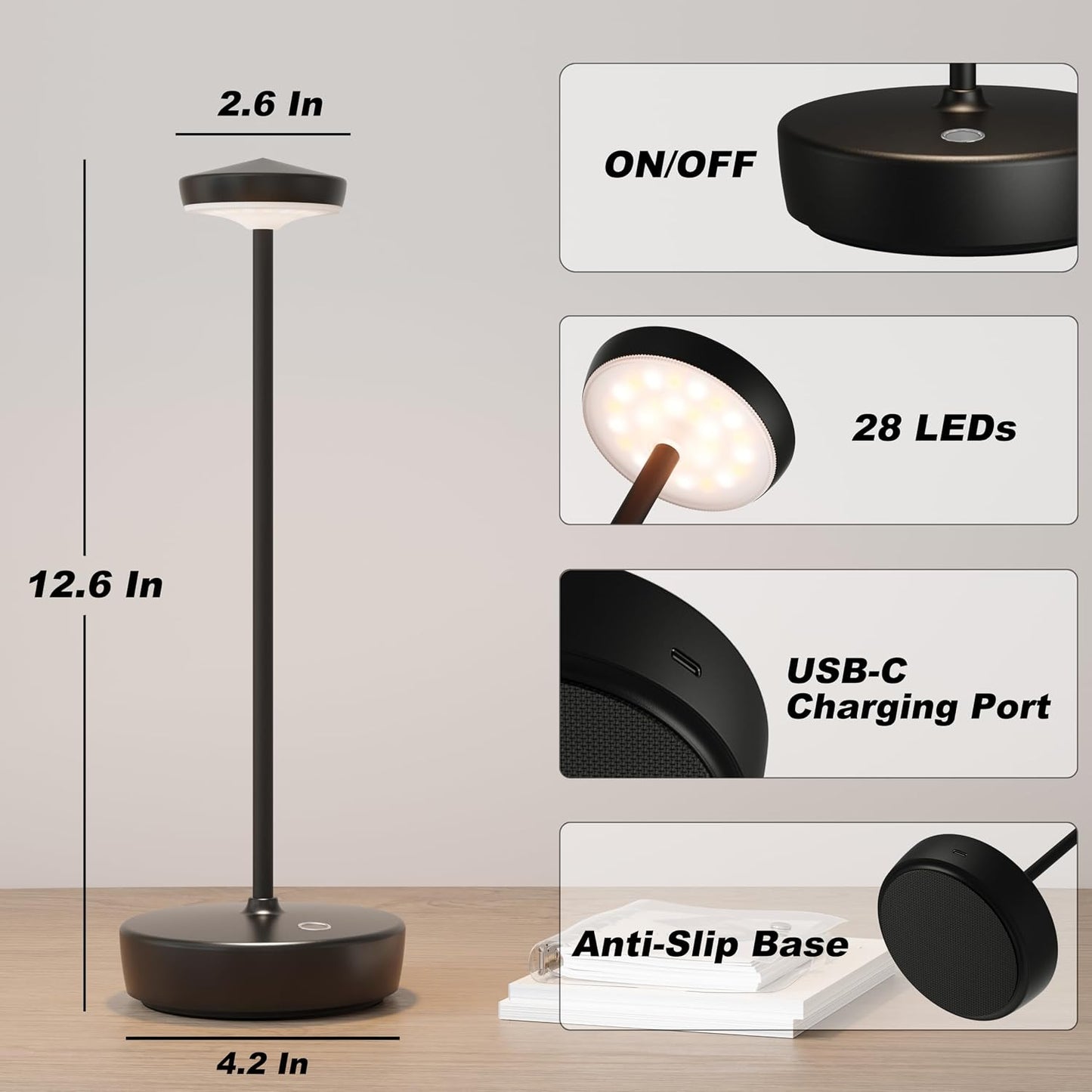 TBBGA Cordless Table Lamp Rechargeable 2 Pack, 5000mAh Battery Table Light | LED, 3 Color Temperatures, Stepless