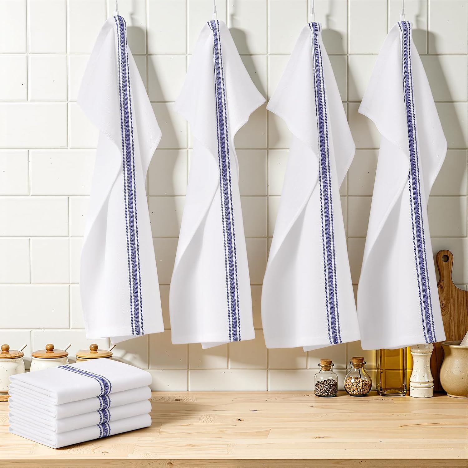 Homaxy 100% Ring Spun Cotton Kitchen Towels 24 Pack, Blue Stripe | 15 x 25 Inch, Highly Absorbent Dish Towels for