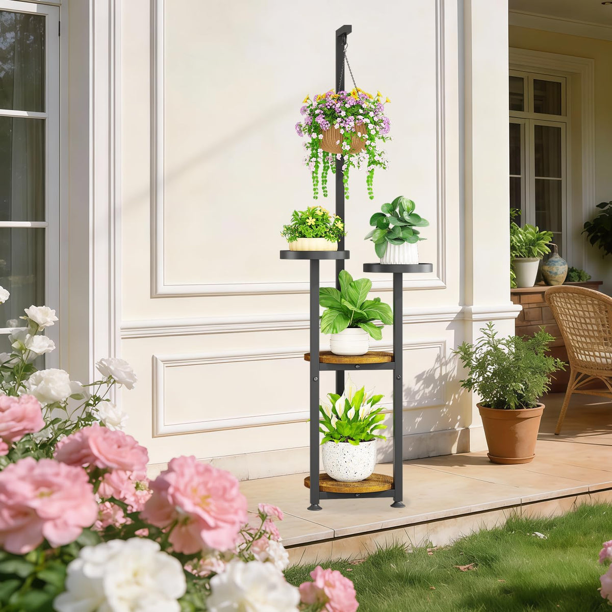 KMOTASUO Black 4 Tier Plant Stand Indoor with Hanging Ring, Tall Large Heavy Duty Metal and Wood Vertical Rack for