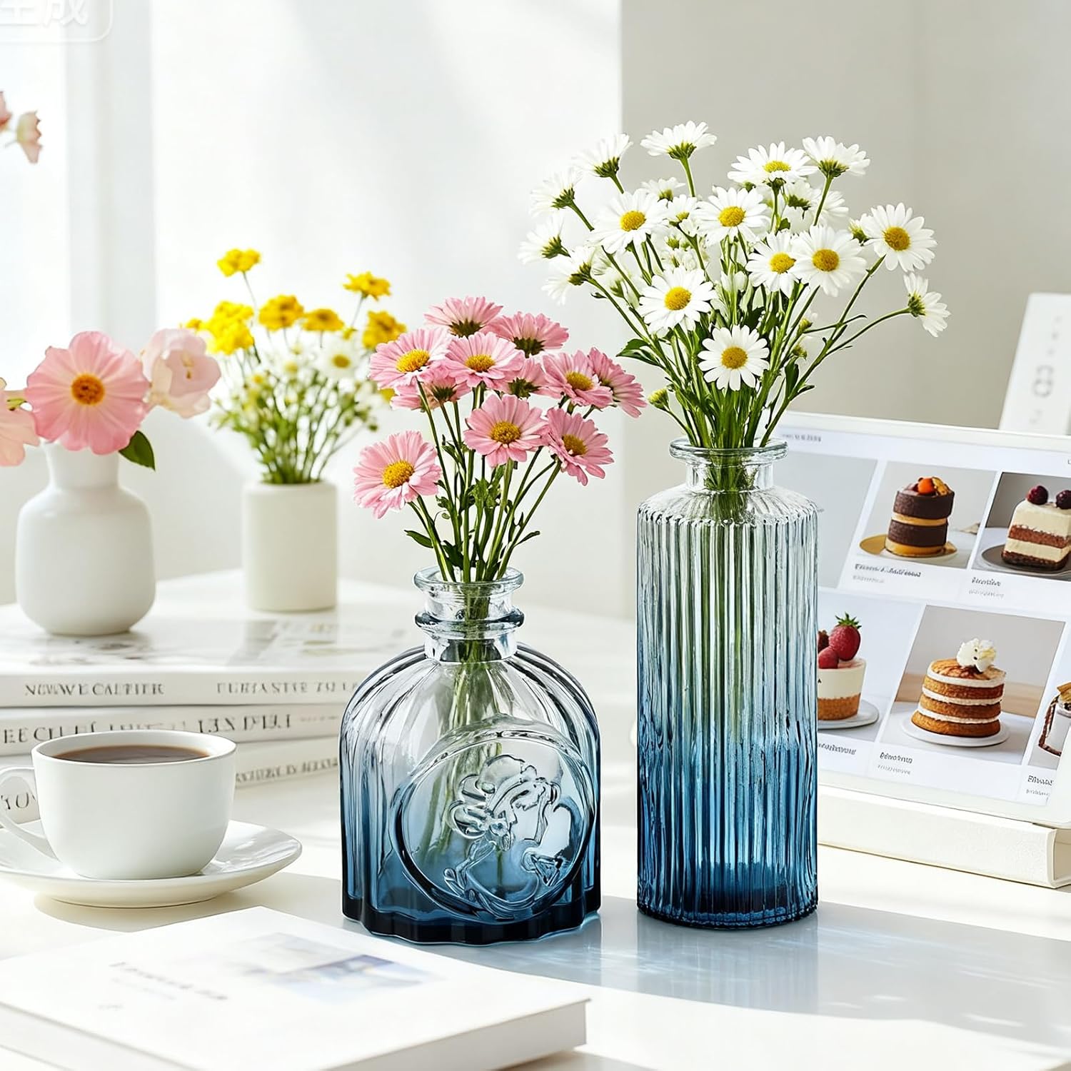 Small Mini Glass Vases for Centerpieces / Ombre Blue / Set of 12