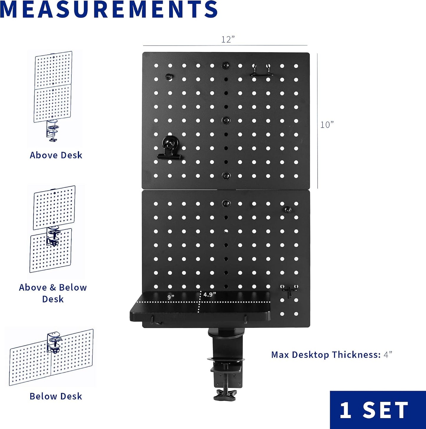 VIVO Black Clamp-on 12 x 20 inch Desk Pegboard, PP-DK12B | Steel Privacy Panel, Magnetic Peg Board, Office Accessory