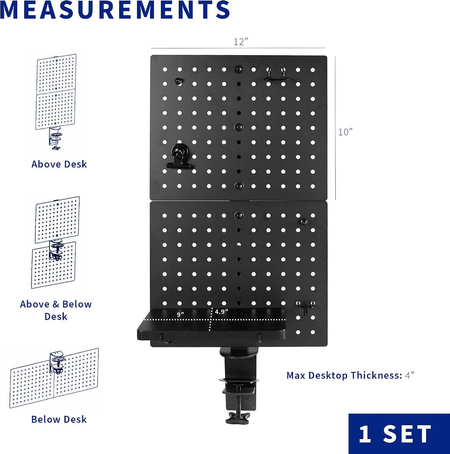 VIVO Black Clamp-on 12 x 20 inch Desk Pegboard, PP-DK12B | Steel Privacy Panel, Magnetic Peg Board, Office Accessory