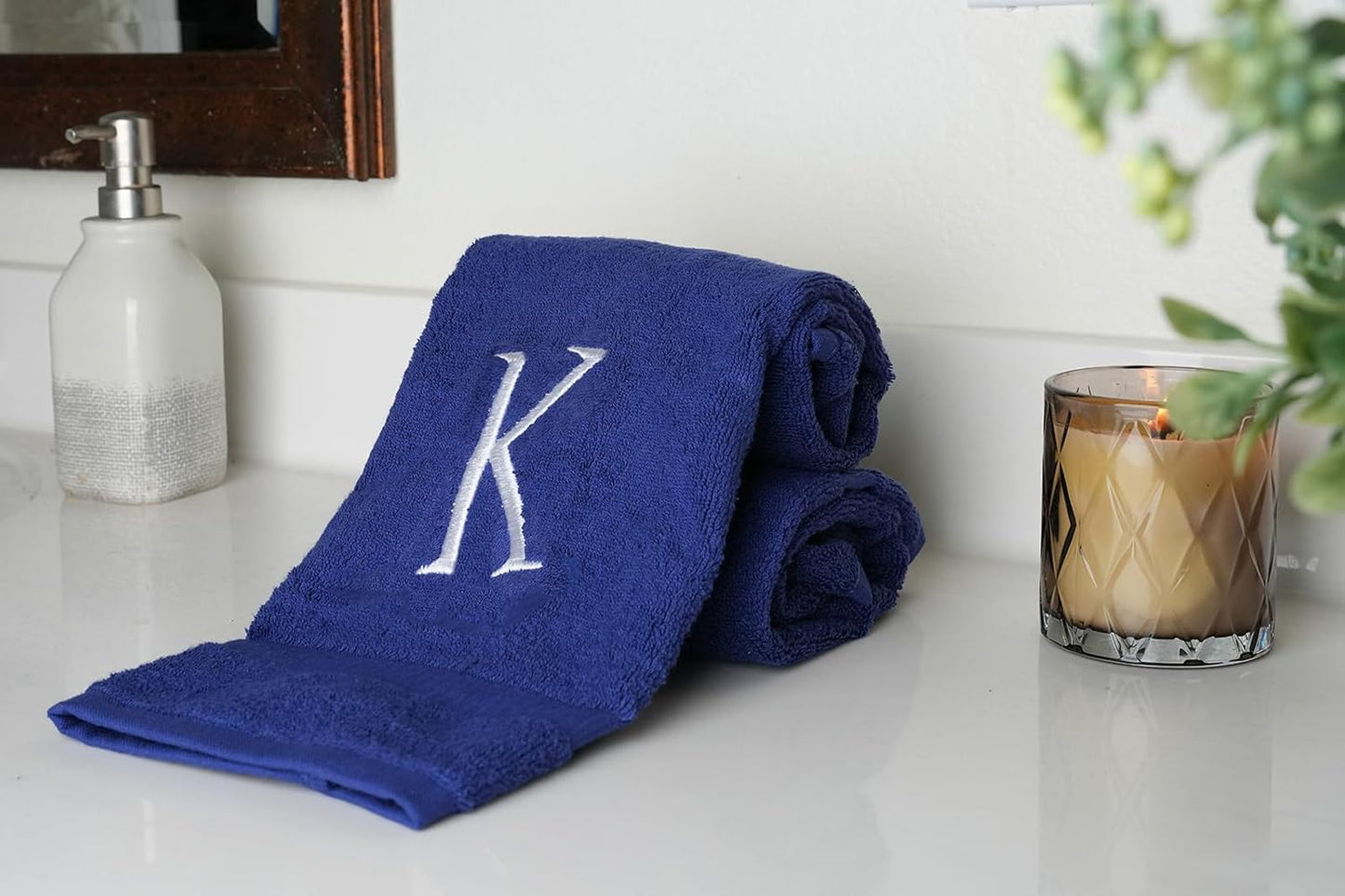 Navy with White Monogrammed Hand Towels for Bathroom - Set of 2 Letter K | Luxury Hotel Quality Initial Towels For