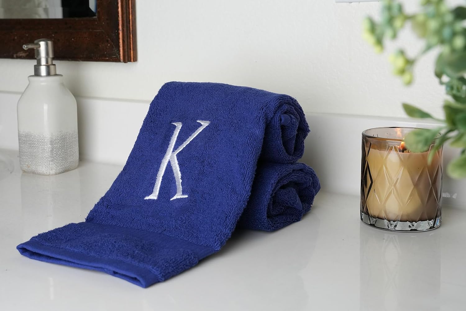 Navy with White Monogrammed Hand Towels for Bathroom - Set of 2 Letter K | Luxury Hotel Quality Initial Towels For