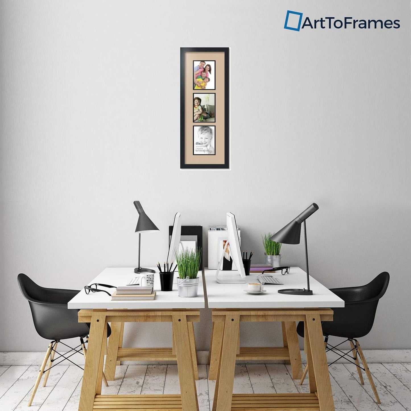 ArtToFrames Collage Photo Frame Double Mat with 3-6x8 Openings with Satin Black Frame and Scotch Mist mat.