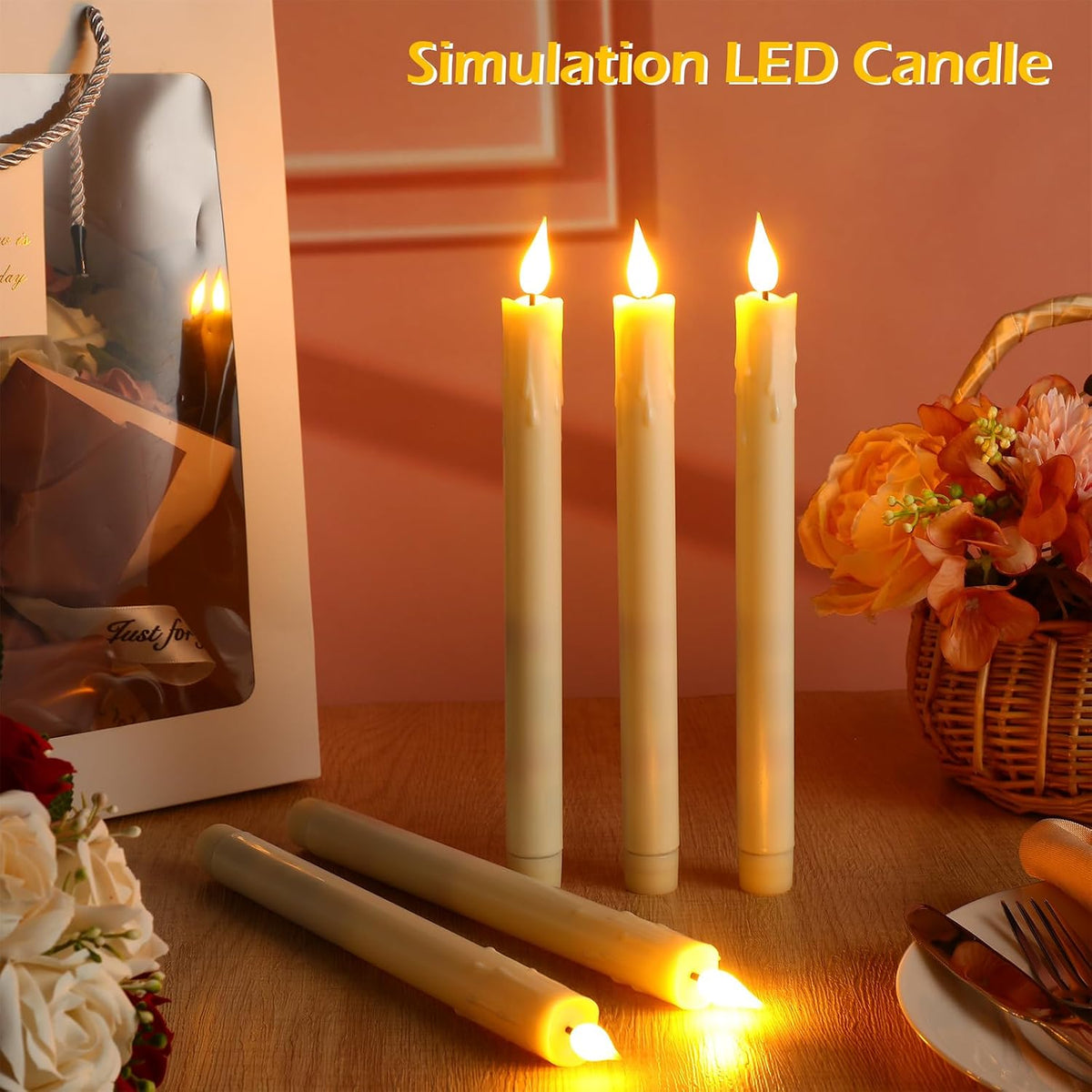 24 Pcs 10 Inch Ivory Flameless Taper Candles LED Candle Sticks Battery Operated Flickering LED Candlestick Window