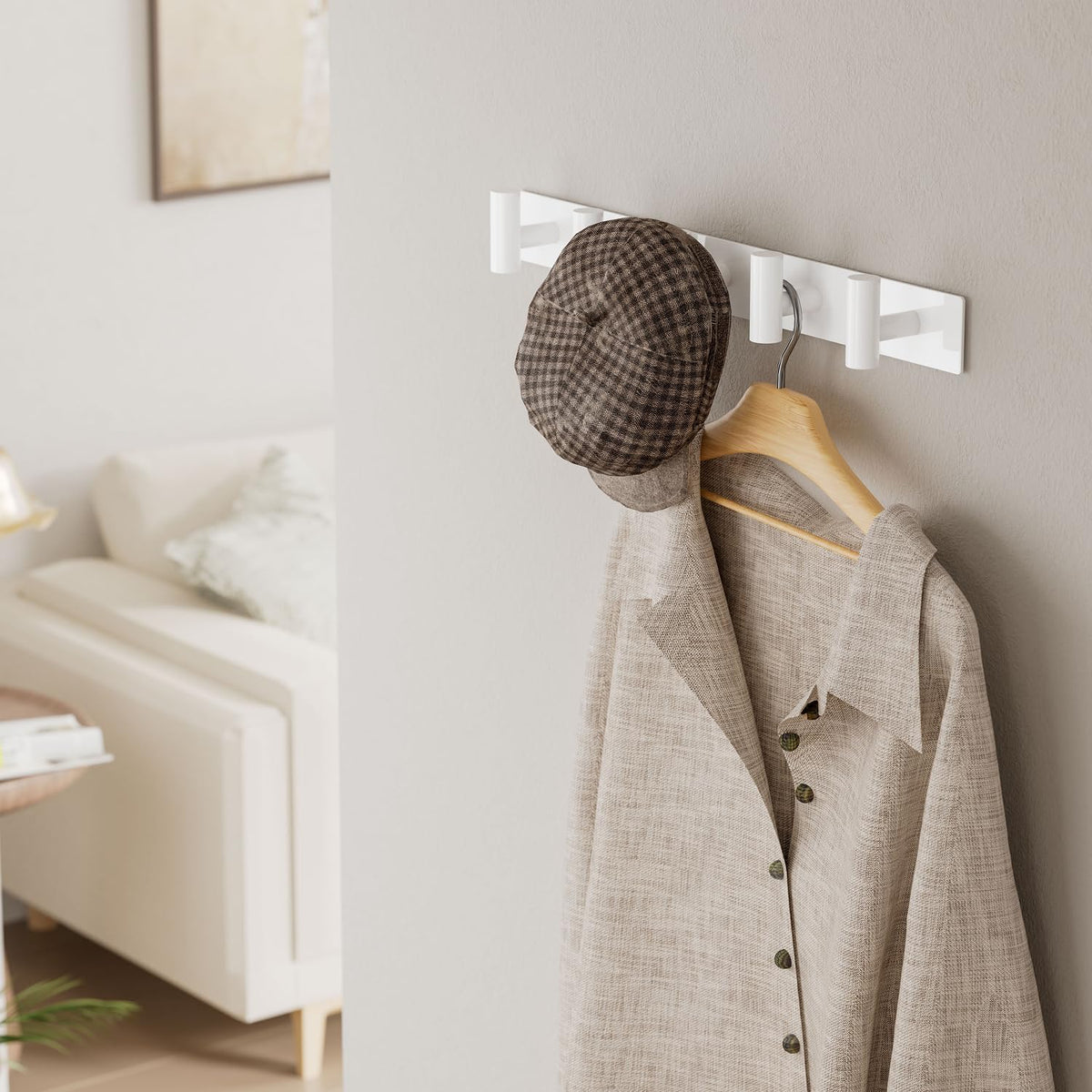 White Wall Mounted Coat Rack – 5 T-Shaped Hooks on 16.5" Rail, (2 Pack) | for Hanging Hats, Bags & Towels, Heavy-Duty