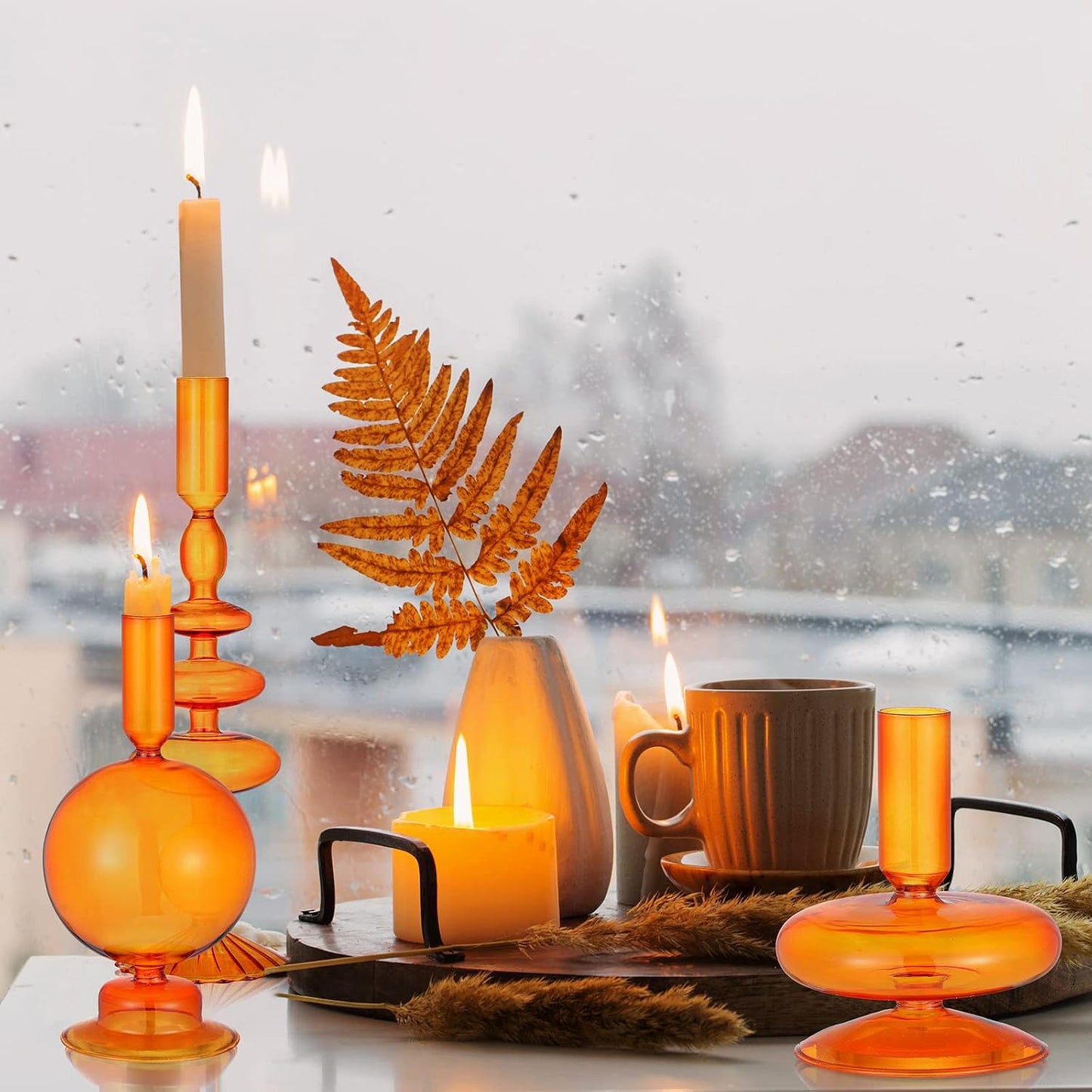 Rtteri 3 Pcs Glass Candle Holder Groovy Wavy Taper Candle Stick,Brown | Taper Candles Holder, Wavy Glass Holder Stable