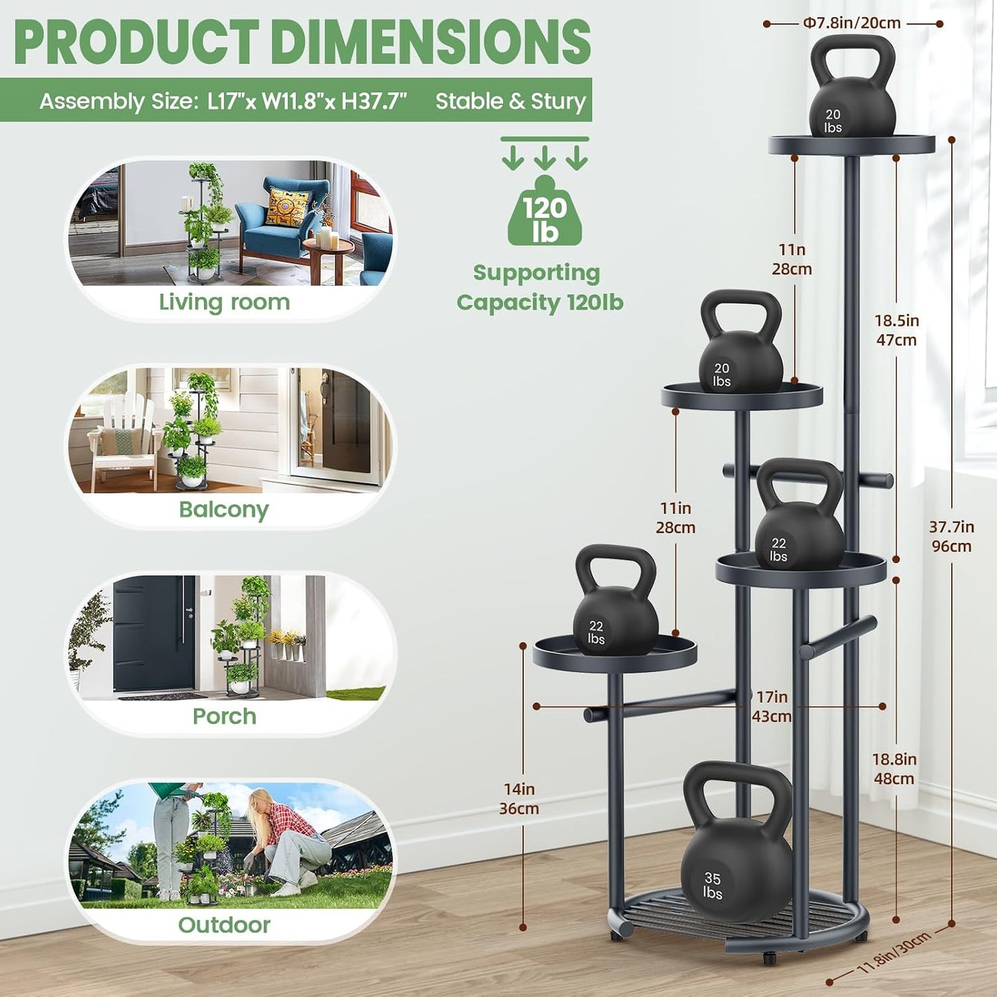 TOSKING Tall 5-Tier Round Metal Corner Plant Stand Indoor, Anti-Tip, Gray | 37.7-Inch Height, Space-Saving Design