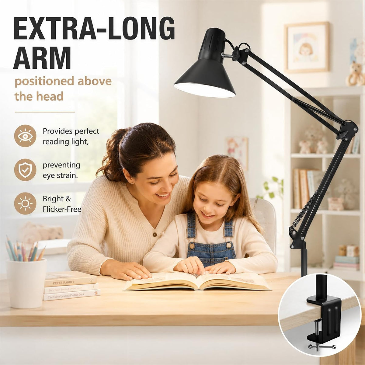 Black Desk Lamp with Clamp, Extra-Tall Adjustable Metal Swing Arm, 5000K | Manicurist Table Lamp for Nail Work