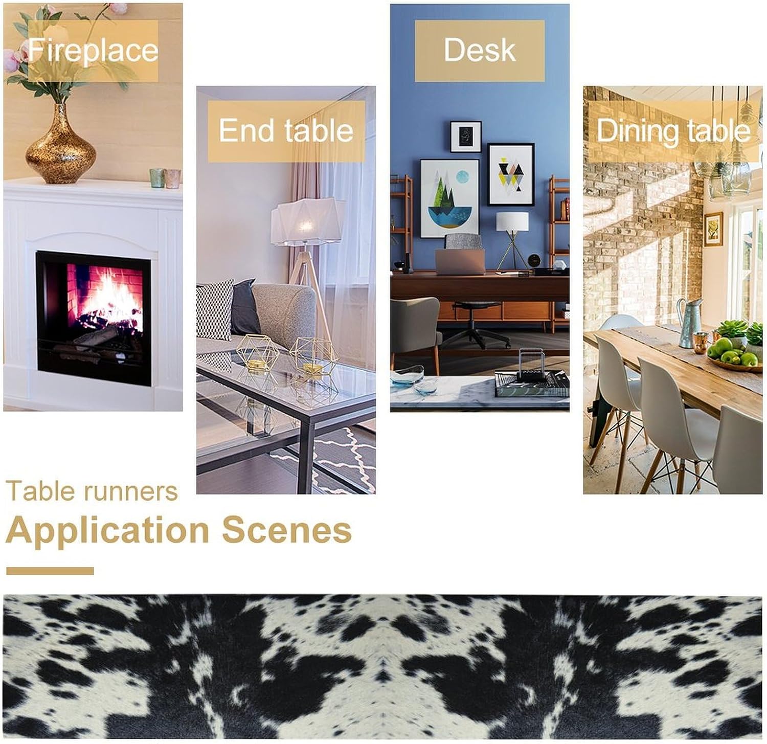 Cow Print Table Runner - Black White Cowhide Western Style Country Farmhouse Patterns Printed Linen for Home Kitchen