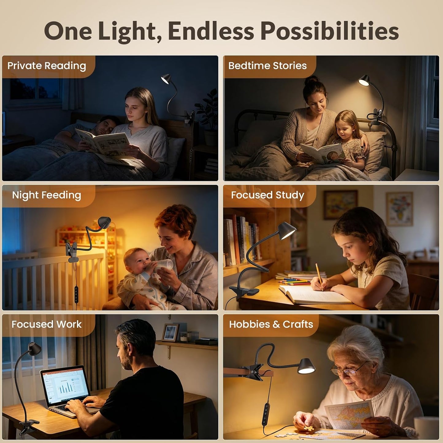 LEPOWER Clip on Light, Reading Lights for Books in Bed, 400LM, RG0 Eye-Care | 5 Colors & Stepless Dimming, Amber Glow