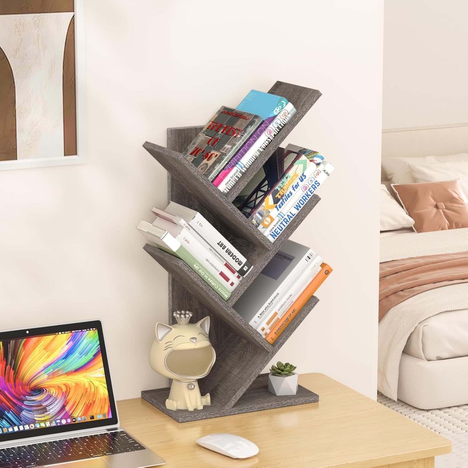 SHEEPAM Small Tree Book Shelf,5 Tier Bookshelf, Wood Desktop Bookcase | Modern Desk Display Storage Bookshelves,Space