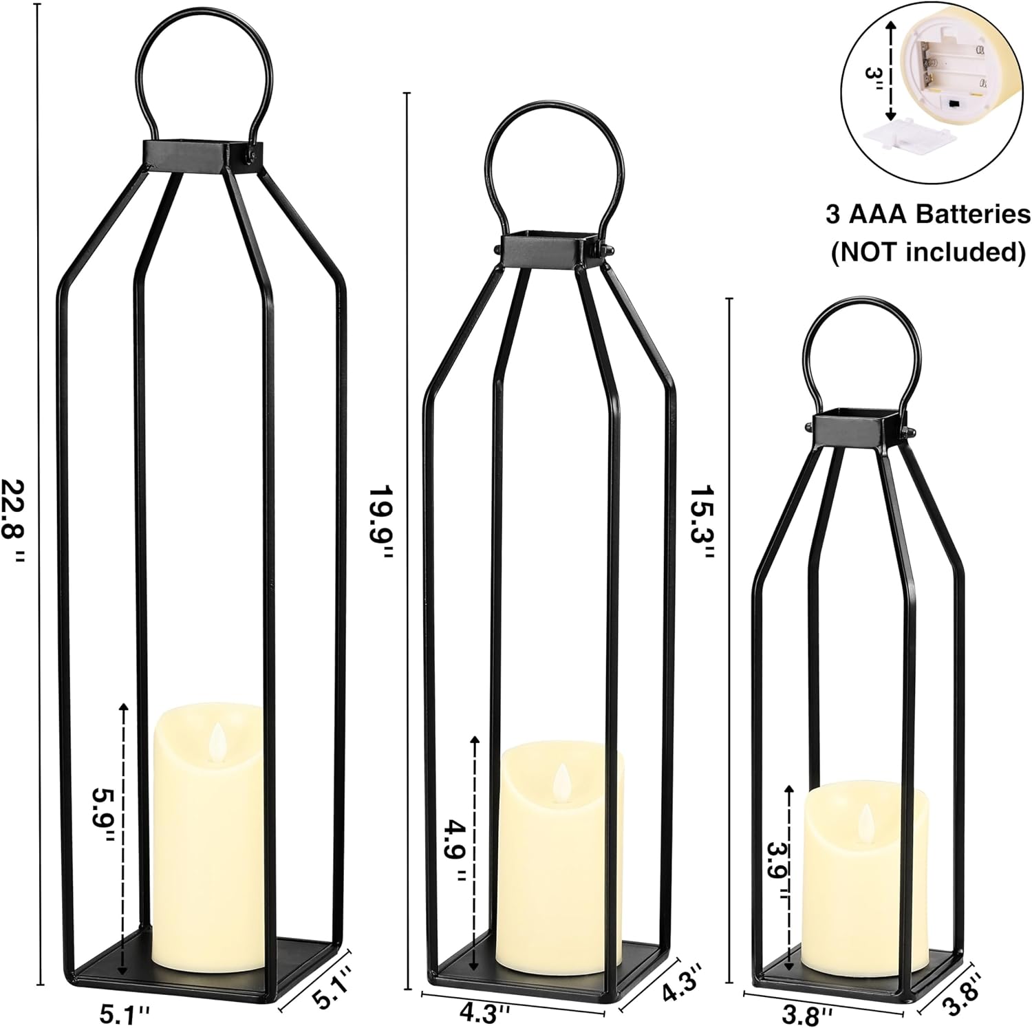 Perfnique Modern Farmhouse Lanterns, Set of 3 Black Metal Lanterns w/ 6hr Timer Flickering Flameless Candles