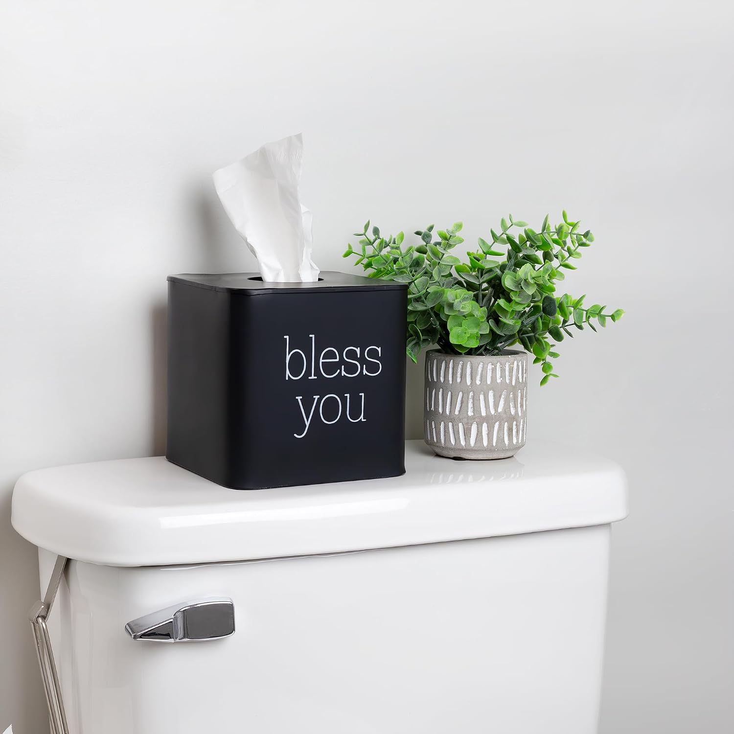 Modern Farmhouse Enamelware Tissue Holder / Black with "bless You